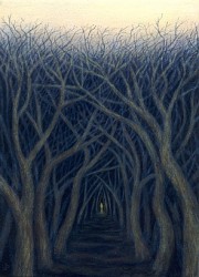 "Night Falls Sooner in the Forest", 1999, Acrylics on Canvas Mounted on Hardboard, 6 7/8 x 5 in., by David Jay Spyker